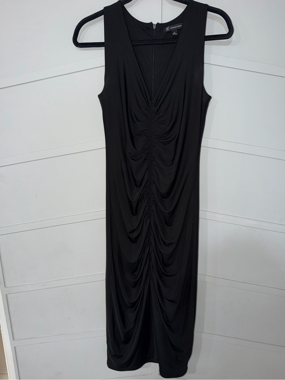 Sleek Black Ruched V-Neck Dress